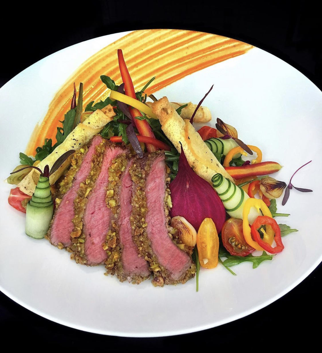 Pistachio-crusted beef fine dining